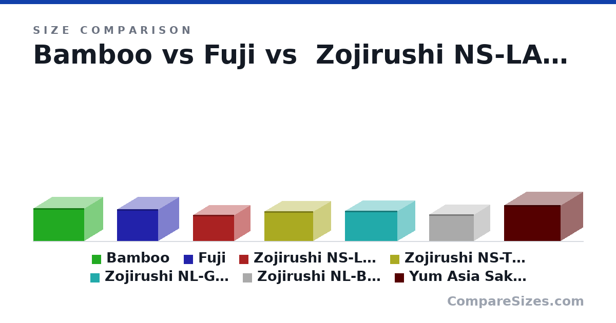 Size comparison of Bamboo (24.0 × 27.0 × 37.0 cm), Fuji (23.0 × 30.0 × 30.0 cm), Zojirushi NS-LAQ05 fuzzy logic £199.90 (19.0 × 23.0 × 30.0 cm), Zojirushi NS-TSQ10 fuzzy logic £249.90 (21.5 × 25.5 × 35.5 cm), Zojirushi NL-GAQ10 fuzzy logic JPN £339.90 (22.0 × 25.5 × 38.0 cm), Zojirushi NL-BGQ05 fuzzy logic £219.90 (19.5 × 23.5 × 32.5 cm), and 1 more, drawn to scale