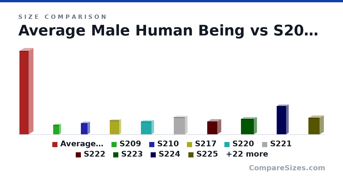 Size comparison of Average Male Human Being (1.8 × 0.2 × 0.2 m), S209 (8 × 3 × 5 in), S210 (9.5 × 4 × 5.5 in), S217 (12.0 × 3 × 8 in), S220 (11.0 × 4 × 9 in), S221 (14.5 × 4 × 9.5 in), and 26 more, drawn to scale