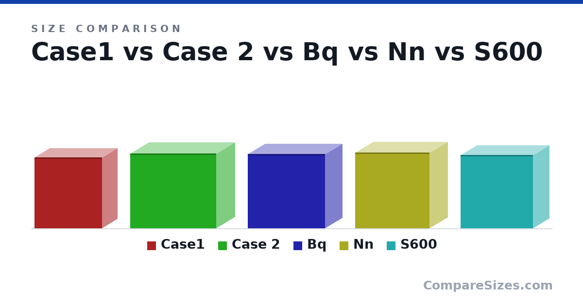 Size comparison of Case1 (450 × 195 × 431 mm), Case 2 (474 × 240 × 547 mm), Bq (470 × 220 × 492 mm), Nn (480 × 232 × 475 mm) and S600 (466 × 209 × 461 mm), drawn to scale
