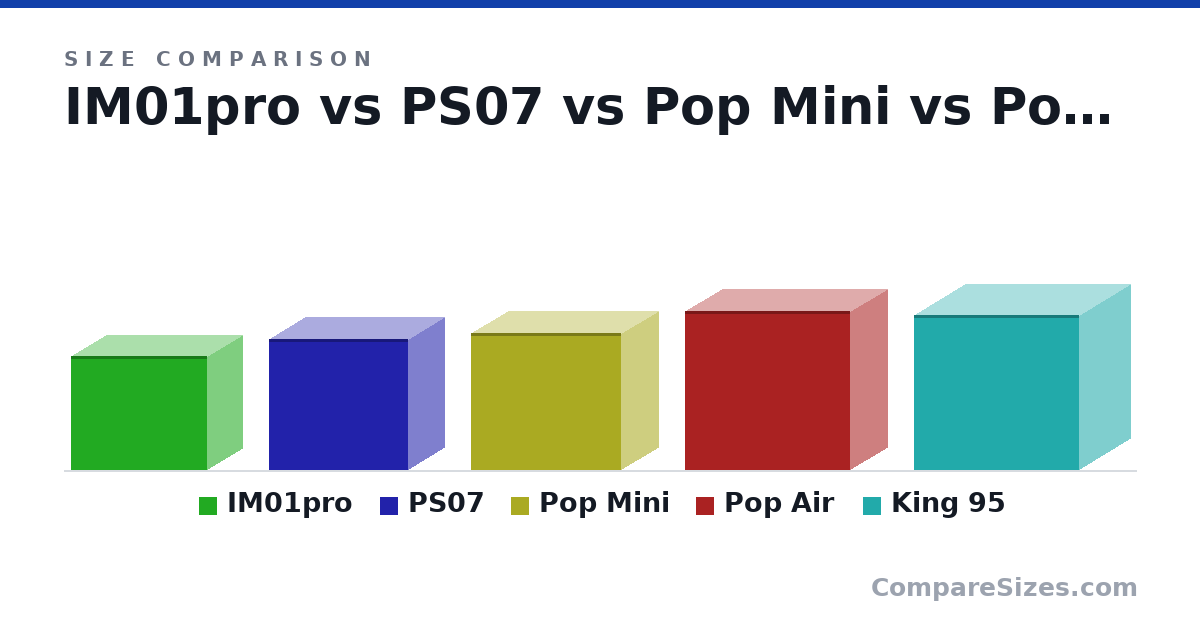 Size comparison of IM01pro (325 × 205 × 391 mm), PS07 (374 × 210 × 400 mm), Pop Mini (393 × 215 × 432 mm), Pop Air (454 × 215 × 474 mm) and King 95 (442 × 300 × 475 mm), drawn to scale