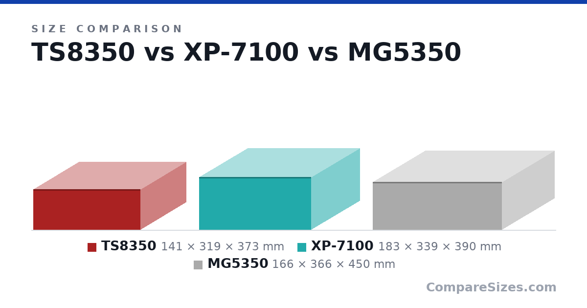 Size comparison of TS8350 (141 × 319 × 373 mm), XP-7100 (183 × 339 × 390 mm) and MG5350 (166 × 366 × 450 mm), drawn to scale