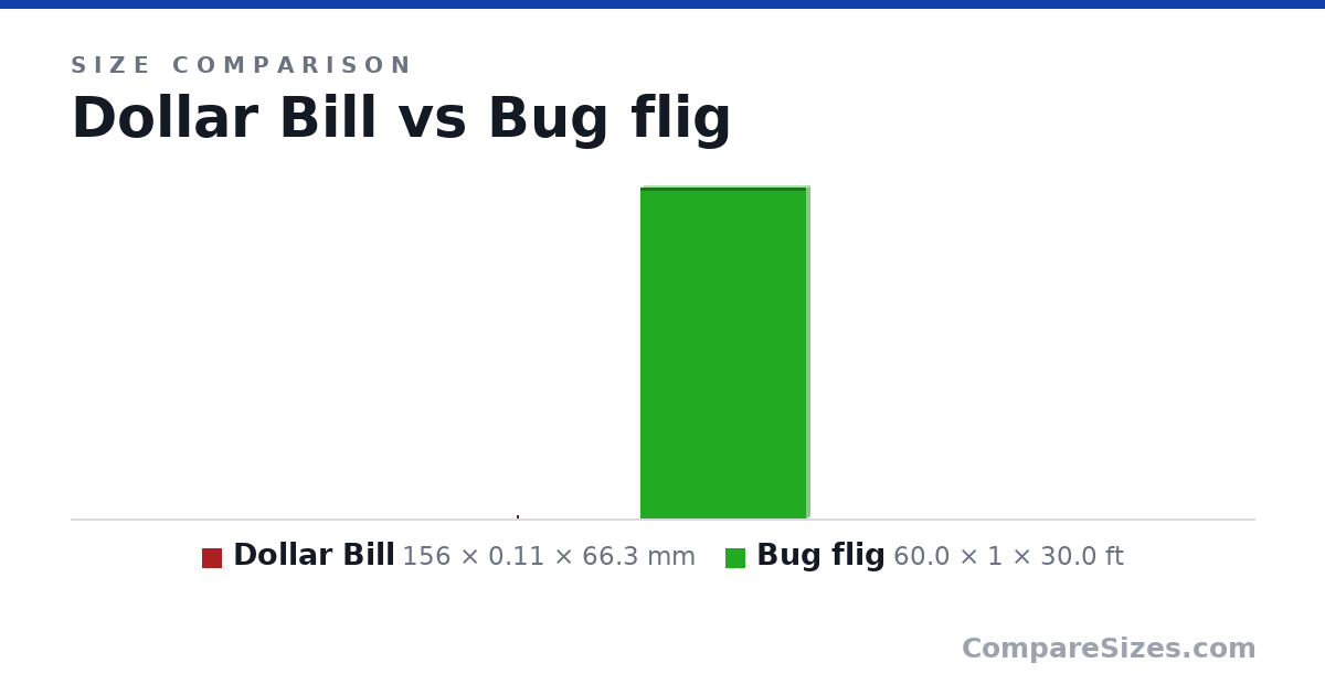 Size comparison of Dollar Bill (156 × 0.11 × 66.3 mm) and Bug flig (60.0 × 1 × 30.0 ft), drawn to scale