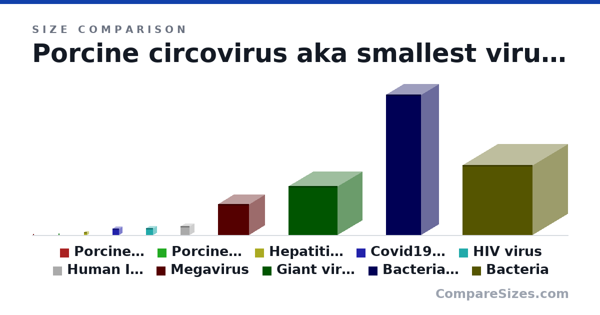 Size comparison of Porcine circovirus aka smallest virus (17.0 × 17.0 × 17.0 nm), Porcine circovirus (19.0 × 15.0 × 17.0 nm), Hepatitis Virus (45.0 × 45.0 × 45.0 nm), Covid19 virus (90.0 × 90.0 × 90.0 nm), HIV virus (100 × 100 × 100 nm), Human Immunodeficiency Viruses (130 × 130 × 130 nm), and 4 more, drawn to scale