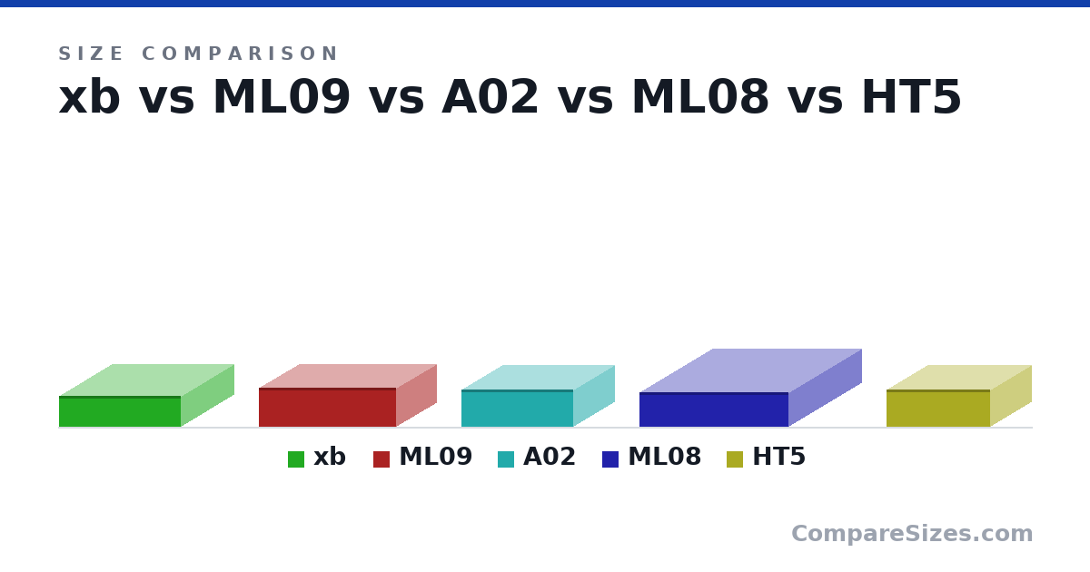 Size comparison of xb (79.0 × 310 × 269 mm), ML09 (99.0 × 350 × 205 mm), A02 (9.4 × 28.5 × 21.0 cm), ML08 (87.0 × 370 × 380 mm) and HT5 (9.6 × 26.5 × 21.0 cm), drawn to scale