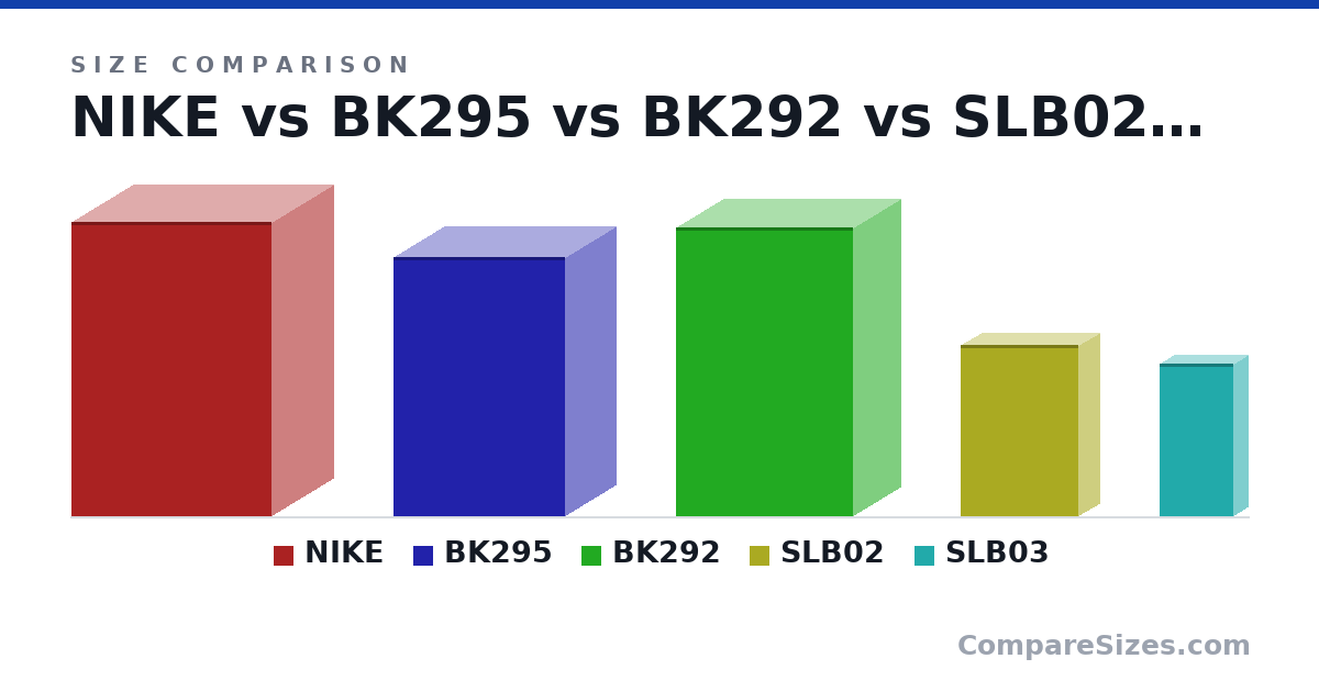 Size comparison of NIKE (50.0 × 21.0 × 34.0 cm), BK295 (44.0 × 17.0 × 29.0 cm), BK292 (49.0 × 16.0 × 30.0 cm), SLB02 (29.0 × 7 × 20.0 cm) and SLB03 (26.0 × 5 × 12.5 cm), drawn to scale