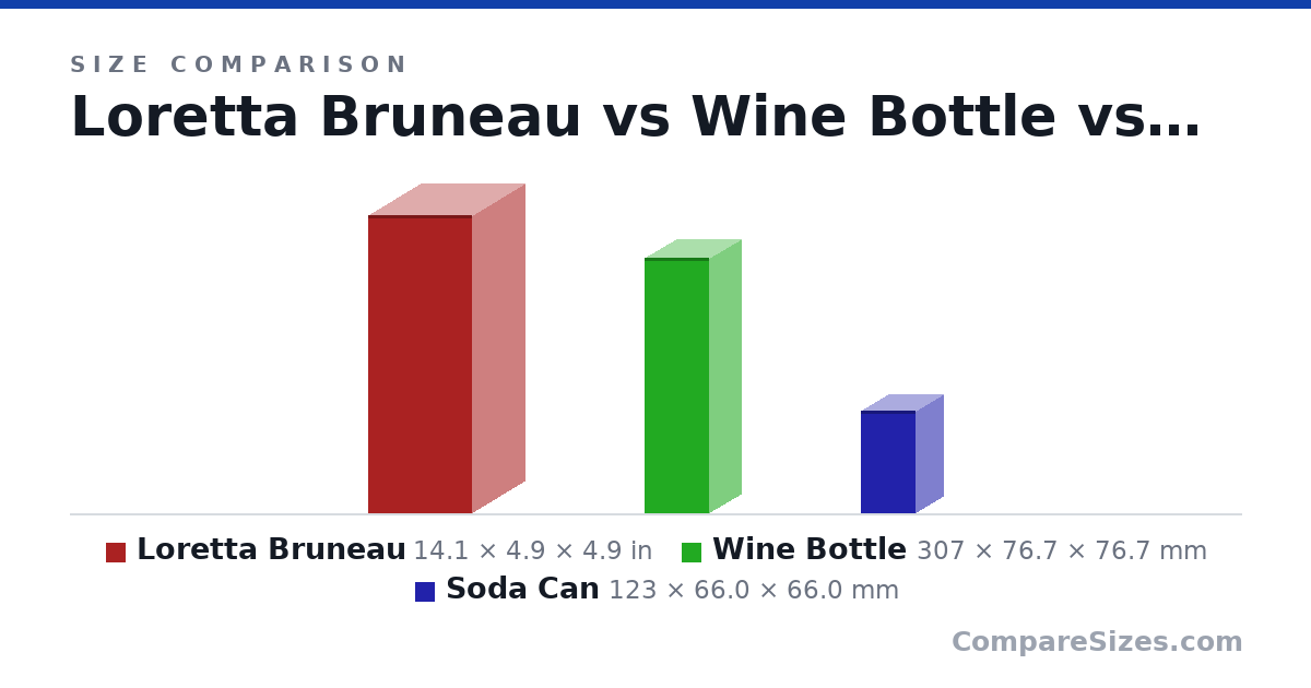 Size comparison of Loretta Bruneau (14.1 × 4.9 × 4.9 in), Wine Bottle (307 × 76.7 × 76.7 mm) and Soda Can (123 × 66.0 × 66.0 mm), drawn to scale