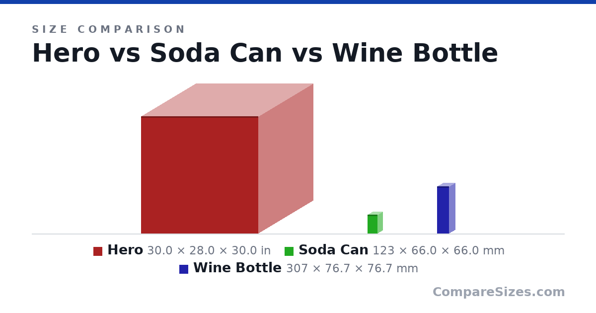 Size comparison of Hero (30.0 × 28.0 × 30.0 in), Soda Can (123 × 66.0 × 66.0 mm) and Wine Bottle (307 × 76.7 × 76.7 mm), drawn to scale