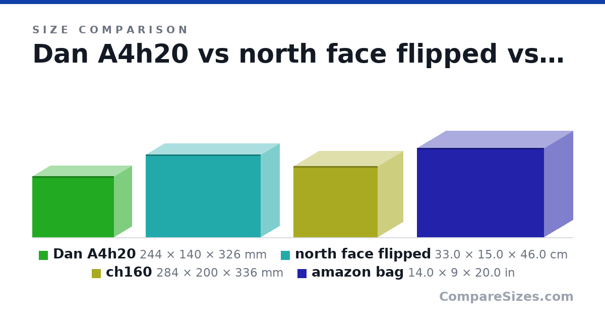 Size comparison of Dan A4h20 (244 × 140 × 326 mm), north face flipped (33.0 × 15.0 × 46.0 cm), ch160 (284 × 200 × 336 mm) and amazon bag (14.0 × 9 × 20.0 in), drawn to scale