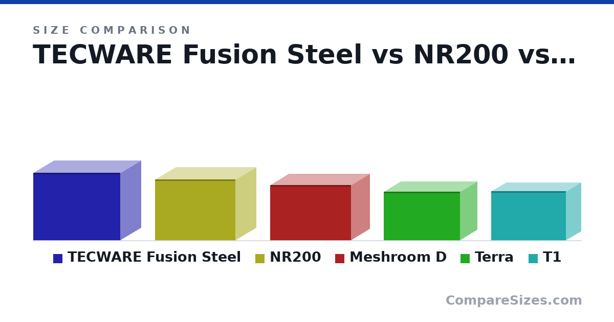 Size comparison of TECWARE Fusion Steel (303 × 391 × 185 mm), NR200 (274 × 360 × 185 mm), Meshroom D (247 × 363 × 167 mm), Terra (218 × 343 × 153 mm) and T1 (22.0 × 33.5 × 13.5 cm), drawn to scale