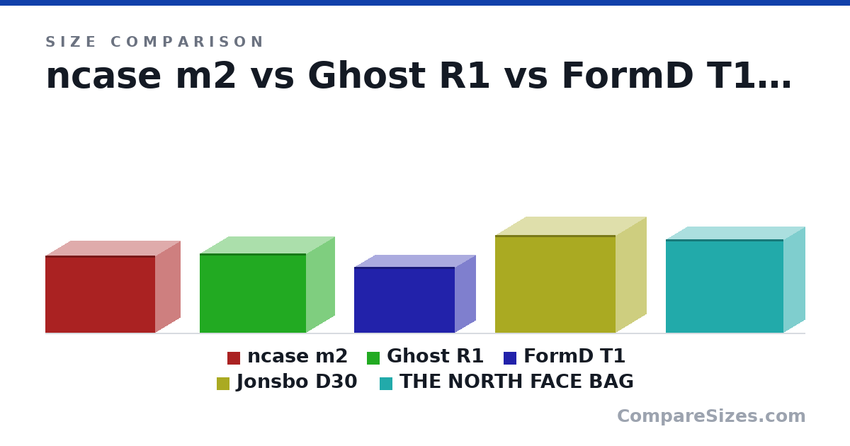Size comparison of ncase m2 (25.8 × 16.6 × 36.6 cm), Ghost R1 (265 × 187 × 354 mm), FormD T1 (22.0 × 13.5 × 33.5 cm), Jonsbo D30 (325 × 204 × 401 mm) and THE NORTH FACE BAG (31.0 × 14.0 × 39.0 cm), drawn to scale