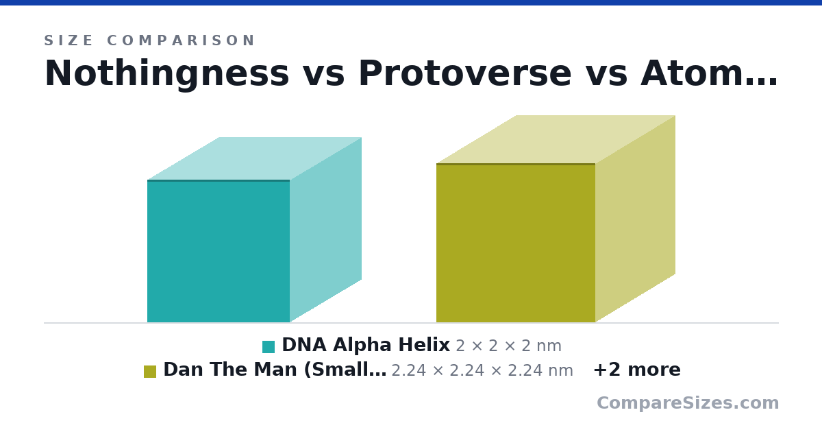 Size comparison of Nothingness, Protoverse, Atom, DNA Alpha Helix (2 × 2 × 2 nm), Dan The Man (Smallest Size) (2.24 × 2.24 × 2.24 nm), Porcine circovirus aka smallest virus (17.0 × 17.0 × 17.0 nm), and 1 more, drawn to scale
