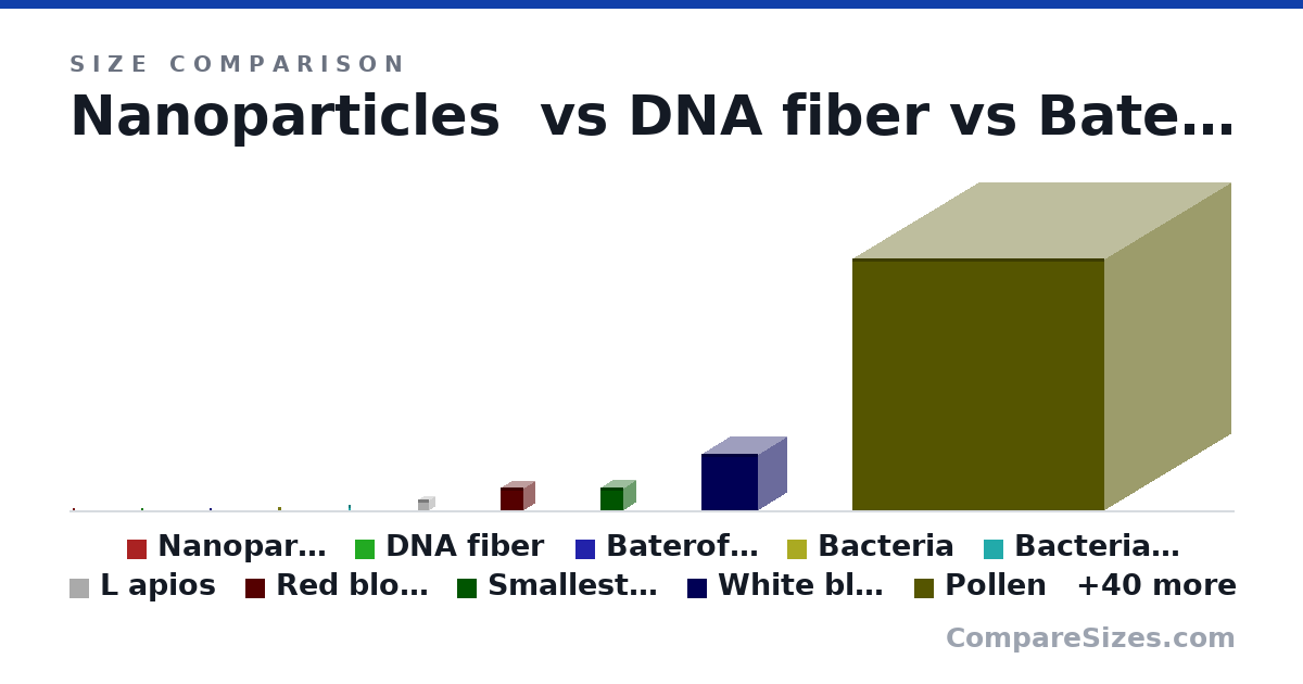 Size comparison of Nanoparticles (5 × 5 × 5 nm), DNA fiber (10.0 × 10.0 × 10.0 nm), Baterofage (200 × 200 × 200 nm), Bacteria (1 × 1 × 1 um), Bacteria (E.Coli) (2,000 × 500 × 500 nm), L apios (4 × 4 × 4 um), and 44 more, drawn to scale