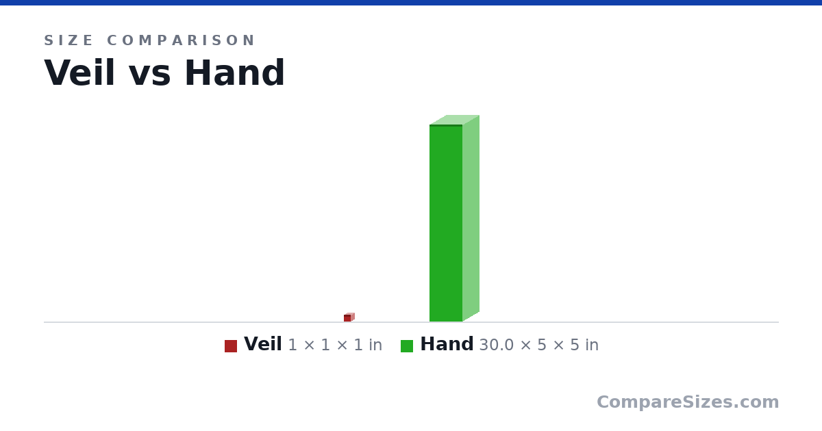 Size comparison of Veil (1 × 1 × 1 in) and Hand (30.0 × 5 × 5 in), drawn to scale