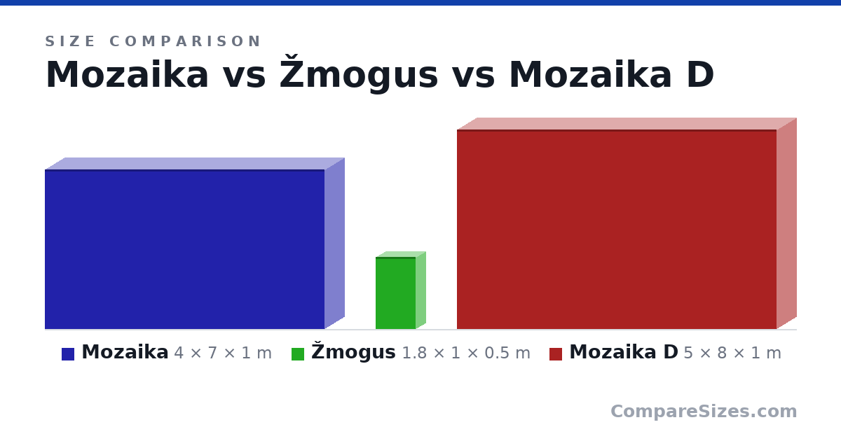 Size comparison of Mozaika (4 × 7 × 1 m), Žmogus (1.8 × 1 × 0.5 m) and Mozaika D (5 × 8 × 1 m), drawn to scale