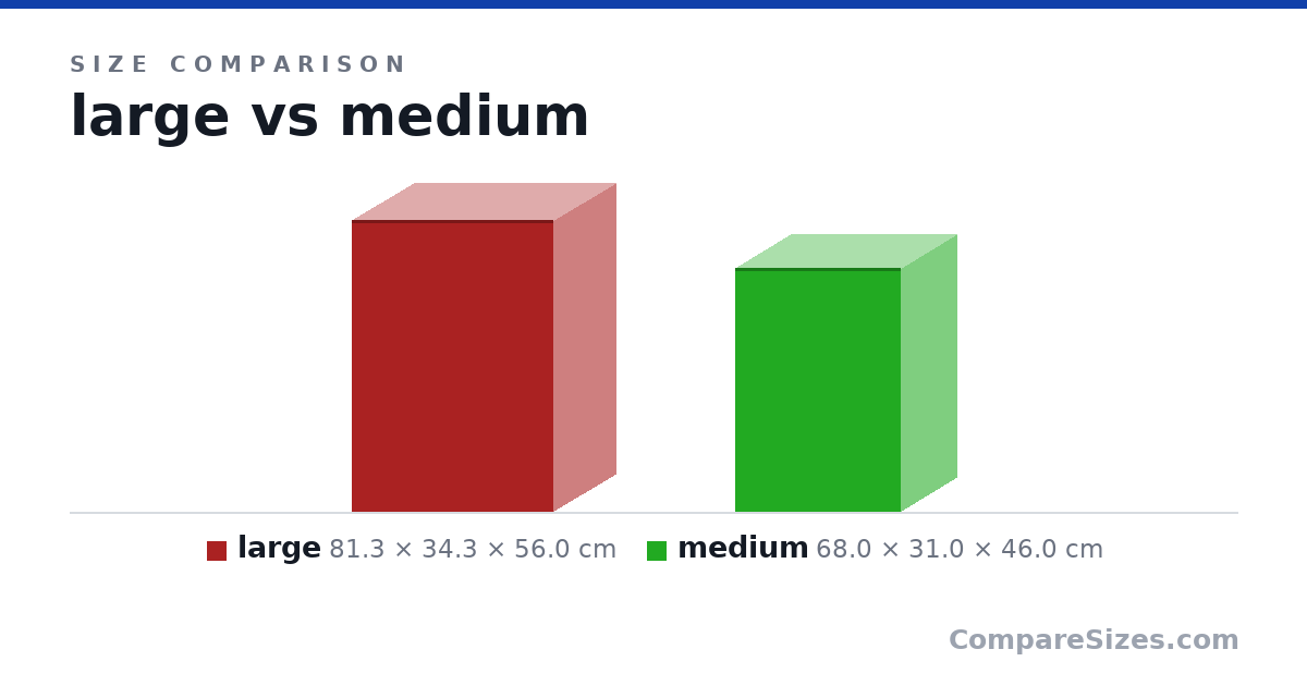 Size comparison of large (81.3 × 34.3 × 56.0 cm) and medium (68.0 × 31.0 × 46.0 cm), drawn to scale