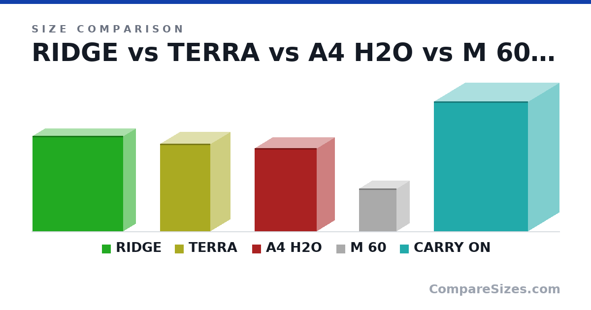 Size comparison of RIDGE (375 × 95.0 × 355 mm), TERRA (343 × 153 × 198 mm), A4 H2O (326 × 140 × 244 mm), M 60 (168 × 100 × 147 mm) and CARRY ON (51.0 × 24.5 × 37.0 cm), drawn to scale
