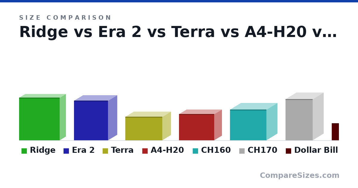 Size comparison of Ridge (395 × 374 × 110 mm), Era 2 (366 × 314 × 165 mm), Terra (218 × 343 × 153 mm), A4-H20 (244 × 326 × 140 mm), CH160 (284 × 336 × 200 mm), CH170 (380 × 250 × 200 mm), and 1 more, drawn to scale