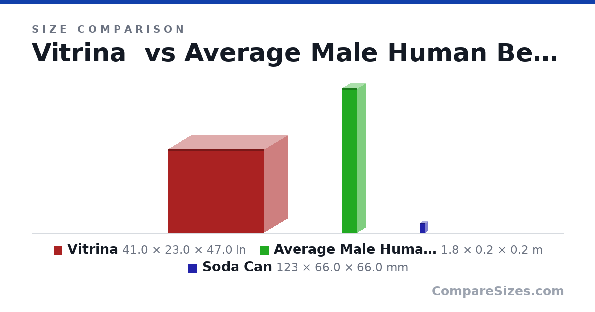 Size comparison of Vitrina (41.0 × 23.0 × 47.0 in), Average Male Human Being (1.8 × 0.2 × 0.2 m) and Soda Can (123 × 66.0 × 66.0 mm), drawn to scale