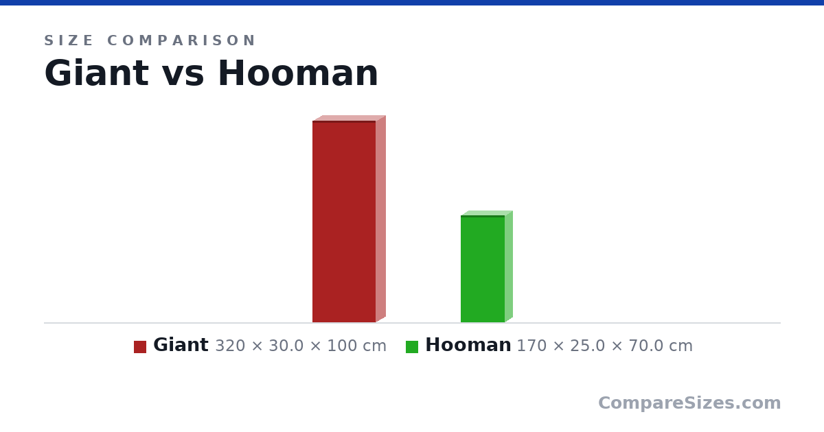 Size comparison of Giant (320 × 30.0 × 100 cm) and Hooman (170 × 25.0 × 70.0 cm), drawn to scale