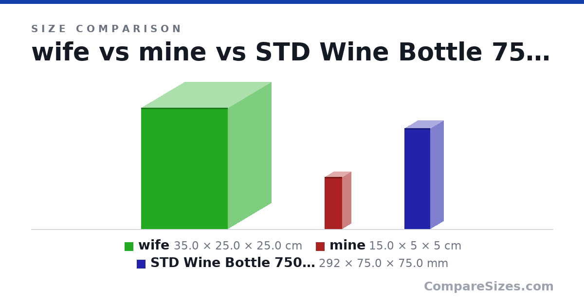 Size comparison of wife (35.0 × 25.0 × 25.0 cm), mine (15.0 × 5 × 5 cm) and STD Wine Bottle 750ml (292 × 75.0 × 75.0 mm), drawn to scale