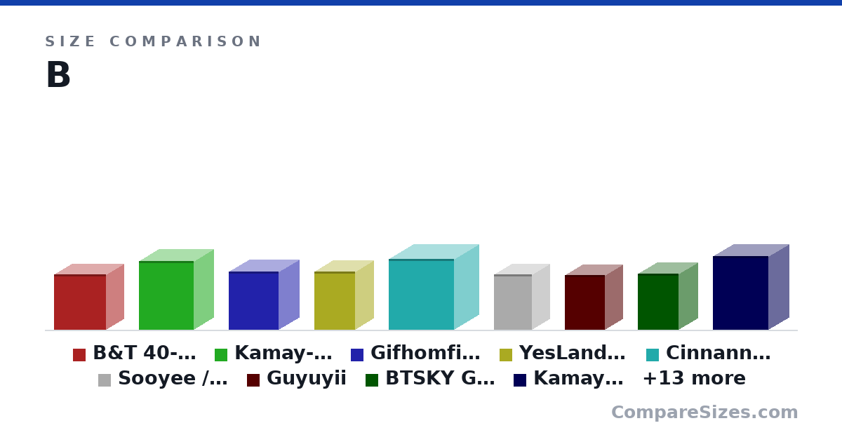 Size comparison of B&T 40-Compartment (10.0 × 6.5 × 9.5 in), Kamay-XL-3tier (12.5 × 7.5 × 10.0 in), Gifhomfix / 24.69 (10.5 × 7.6 × 9.1 in), YesLand 3-Layer (10.5 × 6.87 × 7.5 in), CinnanniC / 38.88 (12.8 × 9.06 × 12.0 in), Sooyee / 19.99 (10.0 × 6.7 × 7 in), and 16 more, drawn to scale