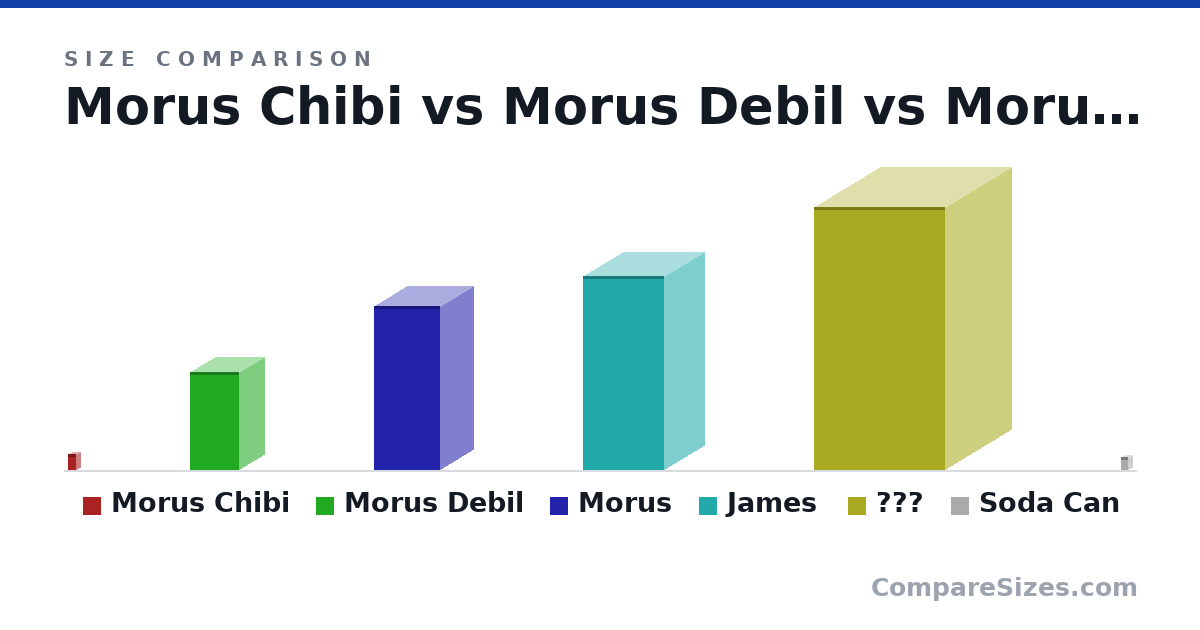Size comparison of Morus Chibi (6 × 3 × 3 in), Morus Debil (3 × 1.5 × 1.5 ft), Morus (5 × 2 × 2 ft), James (180 × 75.0 × 75.0 cm), ??? (8 × 4 × 4 ft) and Soda Can (123 × 66.0 × 66.0 mm), drawn to scale