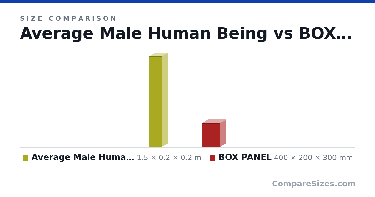 Size comparison of Average Male Human Being (1.5 × 0.2 × 0.2 m) and BOX PANEL (400 × 200 × 300 mm), drawn to scale