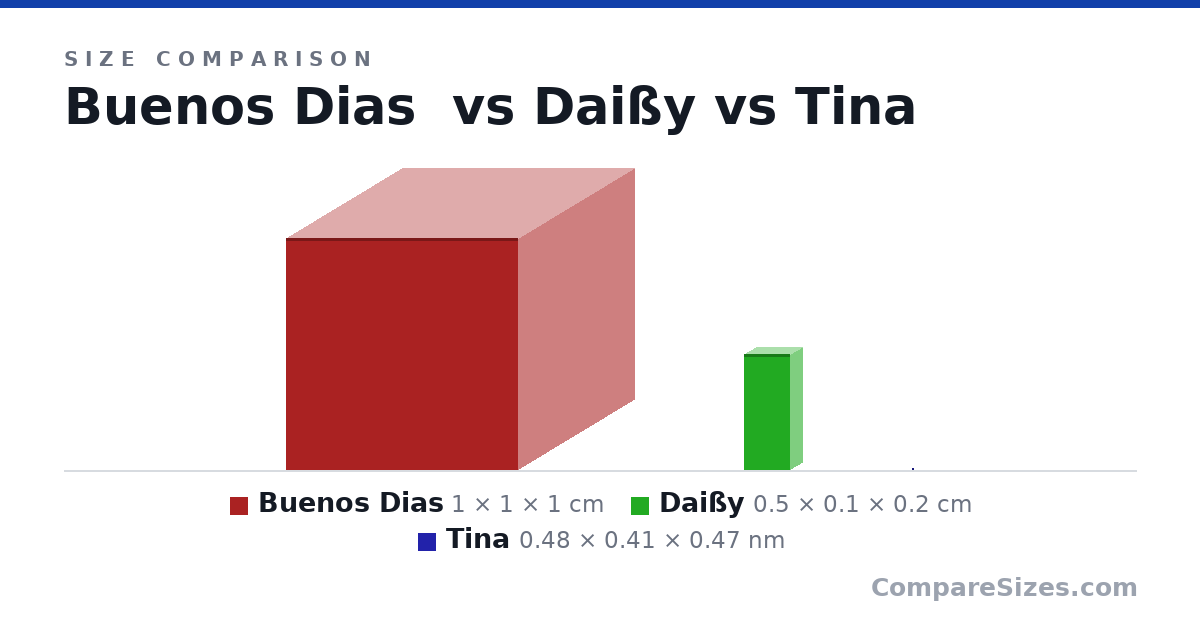 Size comparison of Buenos Dias (1 × 1 × 1 cm), Daißy (0.5 × 0.1 × 0.2 cm) and Tina (0.48 × 0.41 × 0.47 nm), drawn to scale