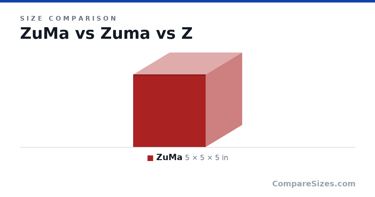 Size comparison of ZuMa (5 × 5 × 5 in), Zuma (5 × 0 × 0 in) and Z (500 × 0 × 0 in), drawn to scale