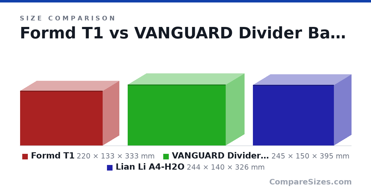 Size comparison of Formd T1 (220 × 133 × 333 mm), VANGUARD Divider Bag 40 inner dimensions (245 × 150 × 395 mm) and Lian Li A4-H2O (244 × 140 × 326 mm), drawn to scale