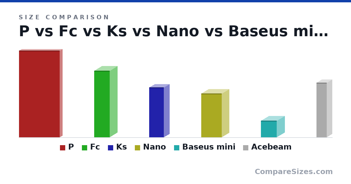Size comparison of P (5.95 × 0.35 × 2.79 in), Fc (4.58 × 1.06 × 1.06 in), Ks (3.42 × 0.78 × 1 in), Nano (3 × 1 × 1.4 in), Baseus mini (29.0 × 27.5 × 27.5 mm) and Acebeam (95.0 × 18.0 × 18.0 mm), drawn to scale