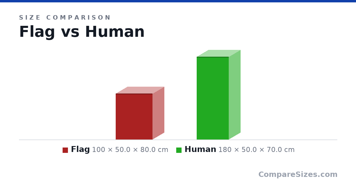 Size comparison of Flag (100 × 50.0 × 80.0 cm) and Human (180 × 50.0 × 70.0 cm), drawn to scale