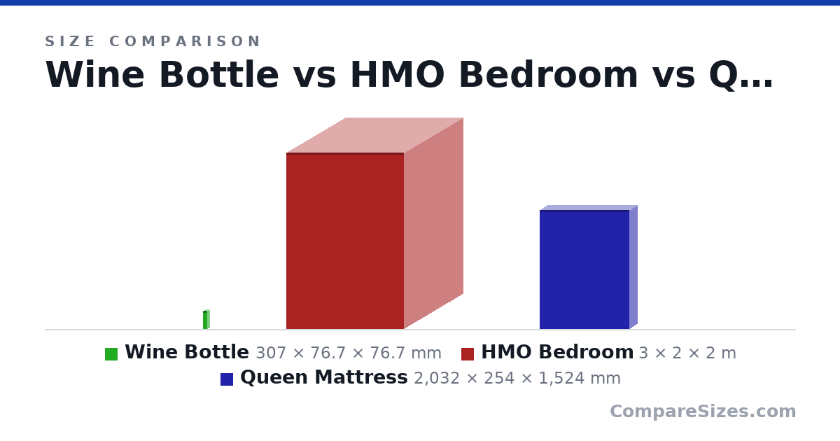 Size comparison of Wine Bottle (307 × 76.7 × 76.7 mm), HMO Bedroom (3 × 2 × 2 m) and Queen Mattress (2,032 × 254 × 1,524 mm), drawn to scale