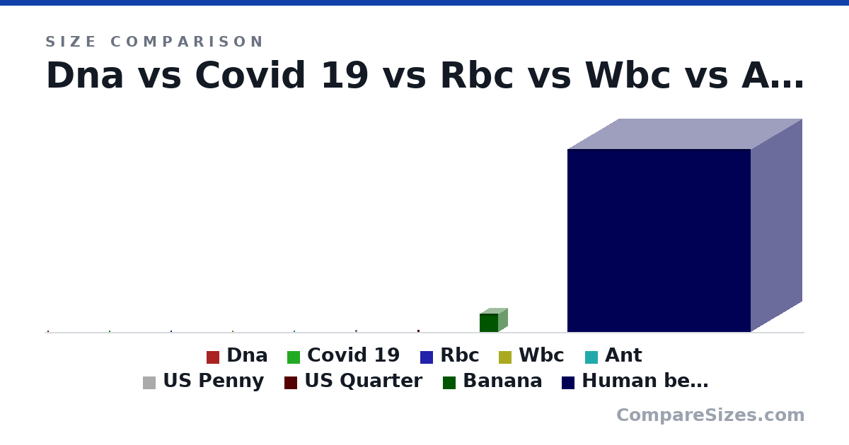 Size comparison of Dna (2 × 1 × 2 nm), Covid 19 (100 × 100 × 100 nm), Rbc (6,000 × 1,000 × 6,000 nm), Wbc (15,000 × 15,000 × 15,000 nm), Ant (5 × 1 × 5 mm), US Penny (19.1 × 1.75 × 19.1 mm), and 3 more, drawn to scale