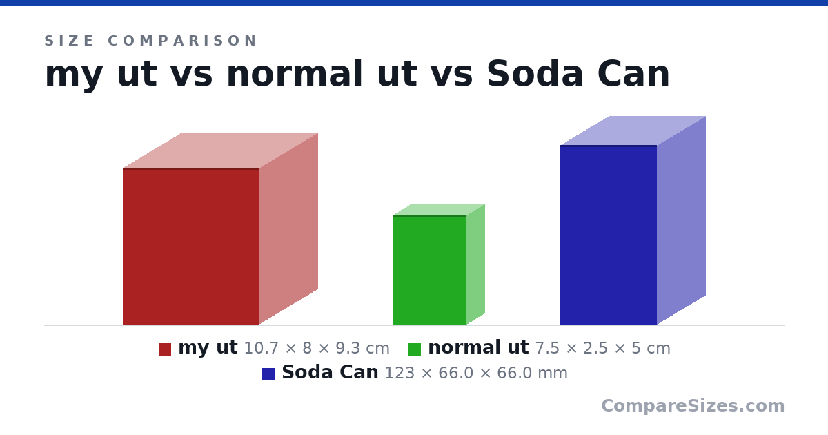 Size comparison of my ut (10.7 × 8 × 9.3 cm), normal ut (7.5 × 2.5 × 5 cm) and Soda Can (123 × 66.0 × 66.0 mm), drawn to scale