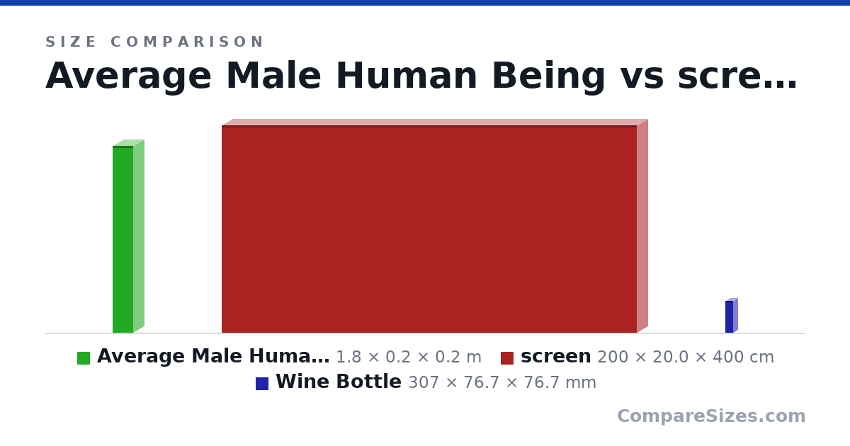 Size comparison of Average Male Human Being (1.8 × 0.2 × 0.2 m), screen (200 × 20.0 × 400 cm) and Wine Bottle (307 × 76.7 × 76.7 mm), drawn to scale