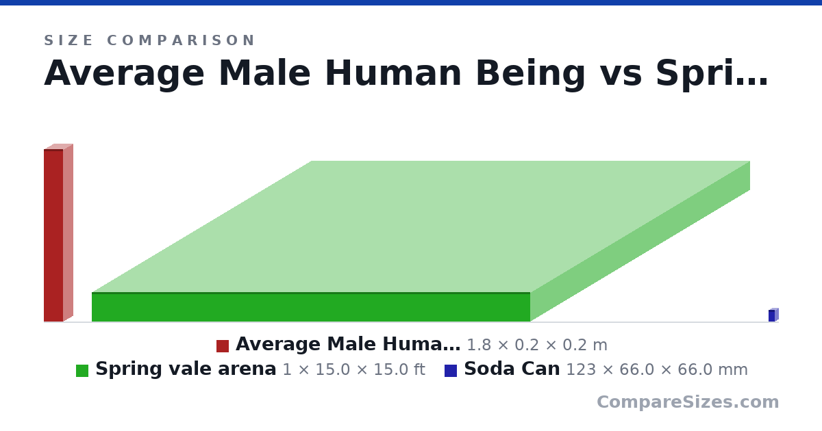 Size comparison of Average Male Human Being (1.8 × 0.2 × 0.2 m), Spring vale arena (1 × 15.0 × 15.0 ft) and Soda Can (123 × 66.0 × 66.0 mm), drawn to scale