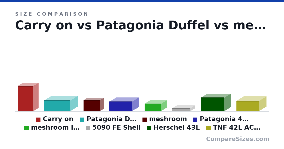 Size comparison of Carry on (56.0 × 23.0 × 35.0 cm), Patagonia Duffel (24.1 × 33.8 × 57.9 cm), meshroom (247 × 167 × 363 mm), Patagonia 40L (21.6 × 31.8 × 50.0 cm), meshroom lay down (167 × 247 × 363 mm), 5090 FE Shell (7 × 21.5 × 40.0 cm), and 2 more, drawn to scale