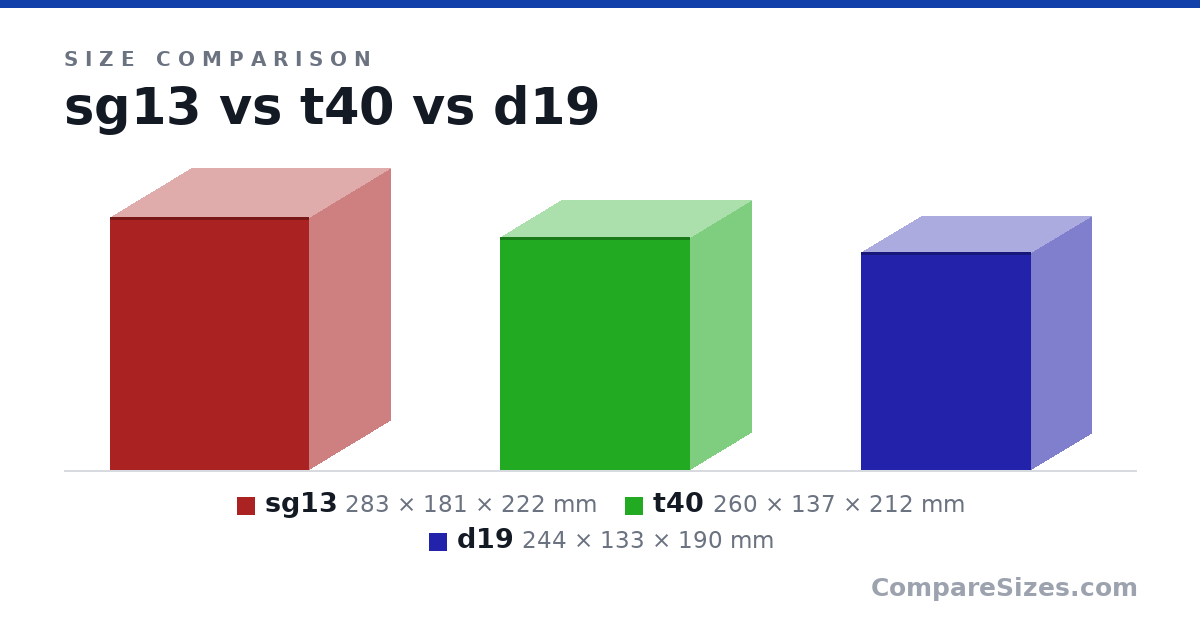 Size comparison of sg13 (283 × 181 × 222 mm), t40 (260 × 137 × 212 mm) and d19 (244 × 133 × 190 mm), drawn to scale