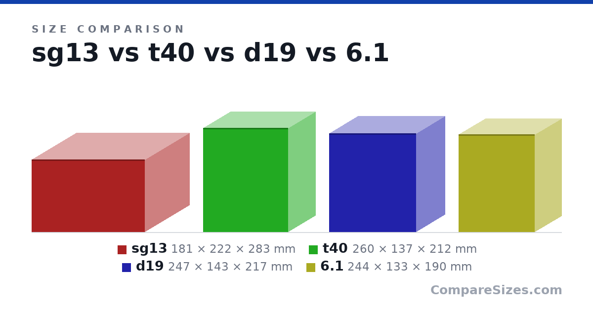 Size comparison of sg13 (181 × 222 × 283 mm), t40 (260 × 137 × 212 mm), d19 (247 × 143 × 217 mm) and 6.1 (244 × 133 × 190 mm), drawn to scale
