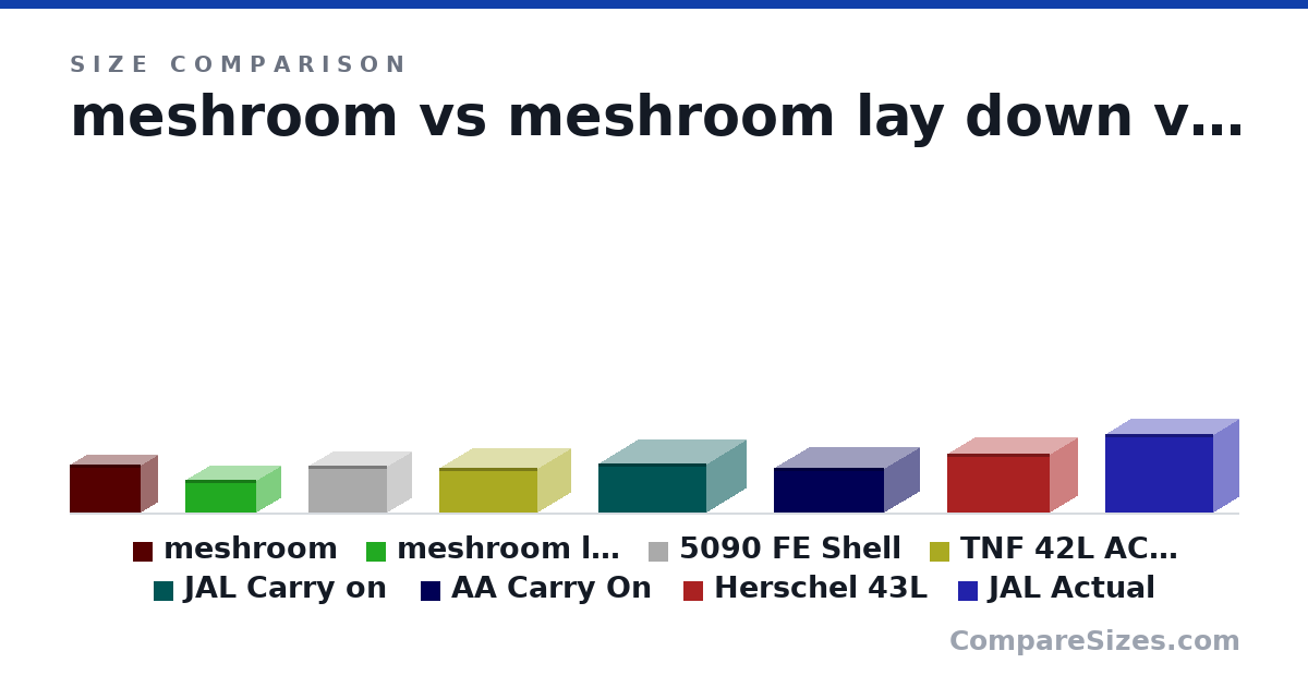 Size comparison of meshroom (247 × 167 × 363 mm), meshroom lay down (167 × 247 × 363 mm), 5090 FE Shell (23.7 × 24.7 × 40.0 cm), TNF 42L ACTUAL SIZE (23.0 × 33.0 × 50.0 cm), JAL Carry on (25.0 × 40.0 × 55.0 cm), AA Carry On (23.0 × 35.0 × 56.0 cm), and 2 more, drawn to scale