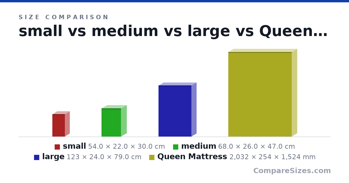 Size comparison of small (54.0 × 22.0 × 30.0 cm), medium (68.0 × 26.0 × 47.0 cm), large (123 × 24.0 × 79.0 cm) and Queen Mattress (2,032 × 254 × 1,524 mm), drawn to scale