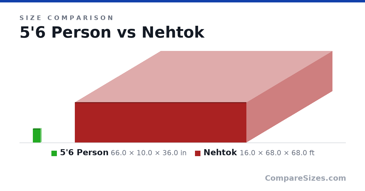 Size comparison of 5'6 Person (66.0 × 10.0 × 36.0 in) and Nehtok (16.0 × 68.0 × 68.0 ft), drawn to scale