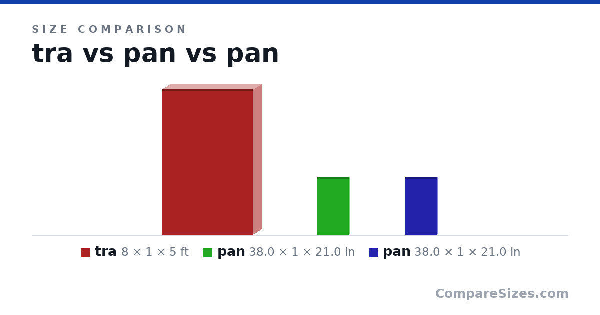 Size comparison of tra (8 × 1 × 5 ft), pan (38.0 × 1 × 21.0 in) and pan (38.0 × 1 × 21.0 in), drawn to scale