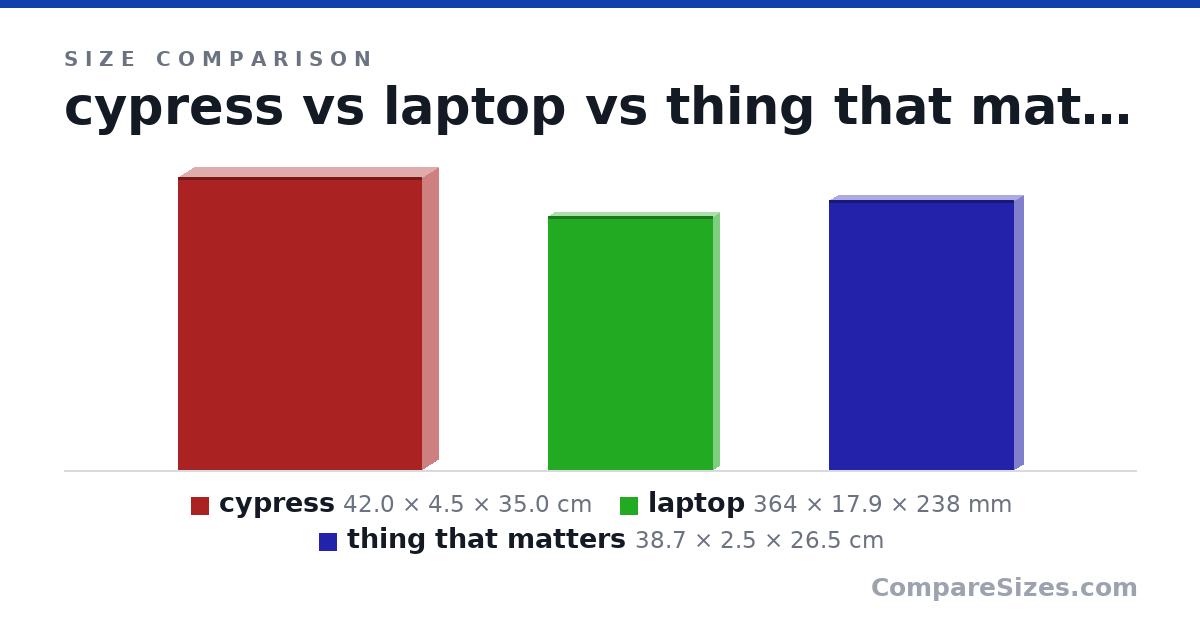 Size comparison of cypress (42.0 × 4.5 × 35.0 cm), laptop (364 × 17.9 × 238 mm) and thing that matters (38.7 × 2.5 × 26.5 cm), drawn to scale