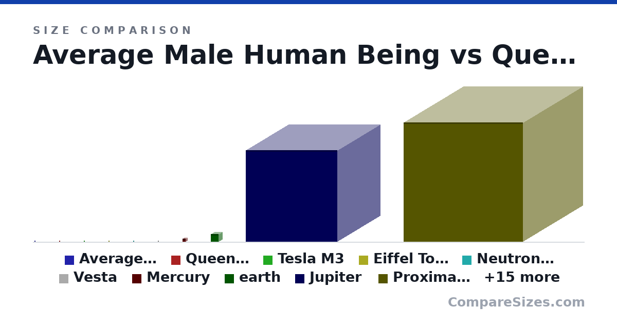 Size comparison of Average Male Human Being (1.8 × 0.2 × 0.2 m), Queen Mattress (2,032 × 254 × 1,524 mm), Tesla M3 (4.69 × 1.43 × 1.85 m), Eiffel Tower (324 × 324 × 324 m), Neutron Star (12,000 × 12,000 × 12,000 m), Vesta (525 × 525 × 525 km), and 19 more, drawn to scale