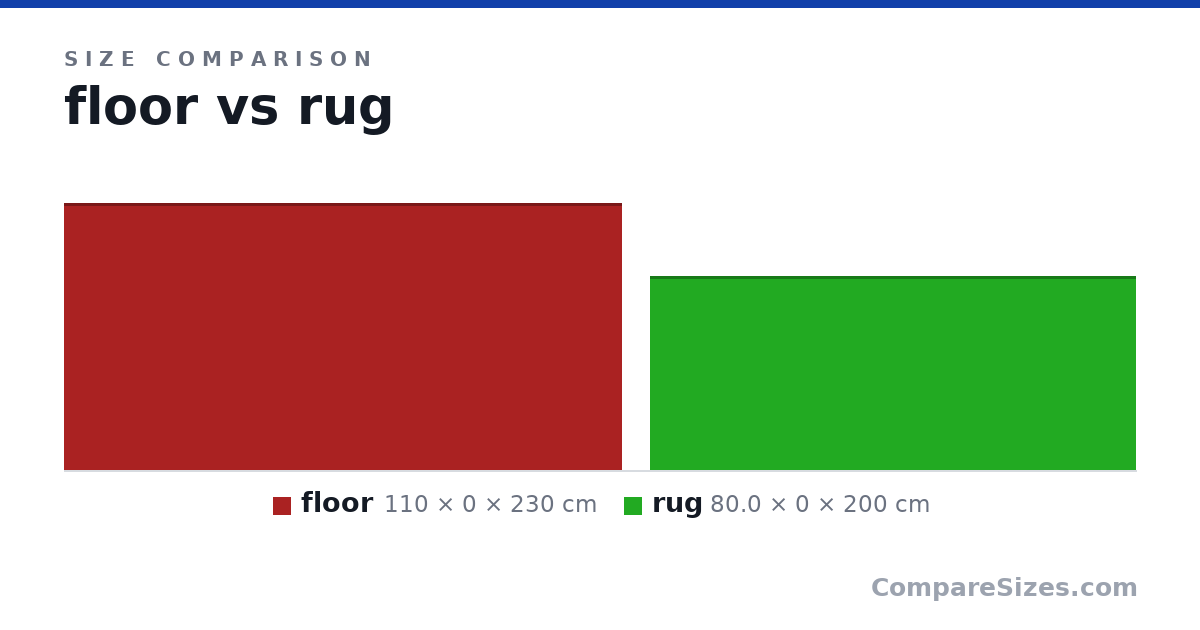 Size comparison of floor (110 × 0 × 230 cm) and rug (80.0 × 0 × 200 cm), drawn to scale