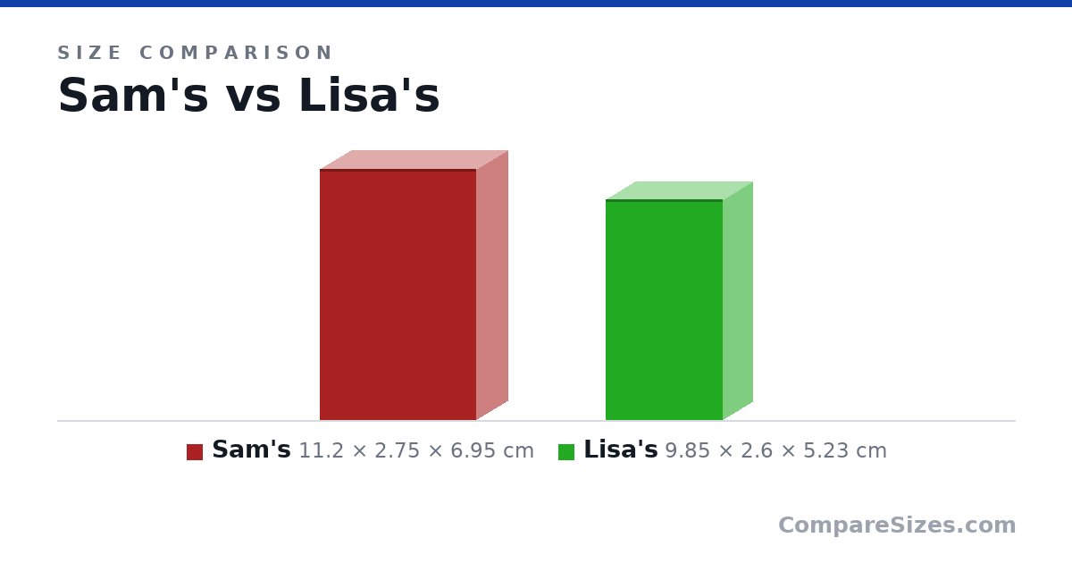 Size comparison of Sam's (11.2 × 2.75 × 6.95 cm) and Lisa's (9.85 × 2.6 × 5.23 cm), drawn to scale