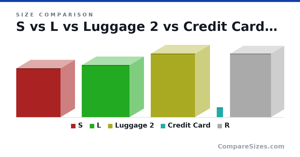 Size comparison of S (43.0 × 25.0 × 39.0 cm), L (46.0 × 25.0 × 42.0 cm), Luggage 2 (56.0 × 26.0 × 39.0 cm), Credit Card (85.6 × 0.76 × 54.0 mm) and R (56.0 × 23.0 × 36.0 cm), drawn to scale