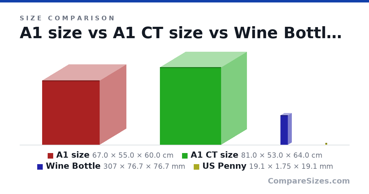 Size comparison of A1 size (67.0 × 55.0 × 60.0 cm), A1 CT size (81.0 × 53.0 × 64.0 cm), Wine Bottle (307 × 76.7 × 76.7 mm) and US Penny (19.1 × 1.75 × 19.1 mm), drawn to scale